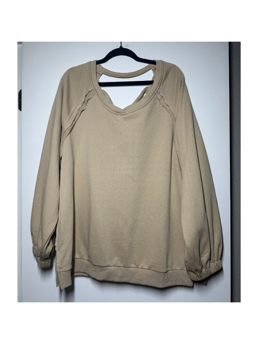 POL TKT622 Criss Cross Open Back French Terry Sweatshirt Tan L - Picture 2 of 13